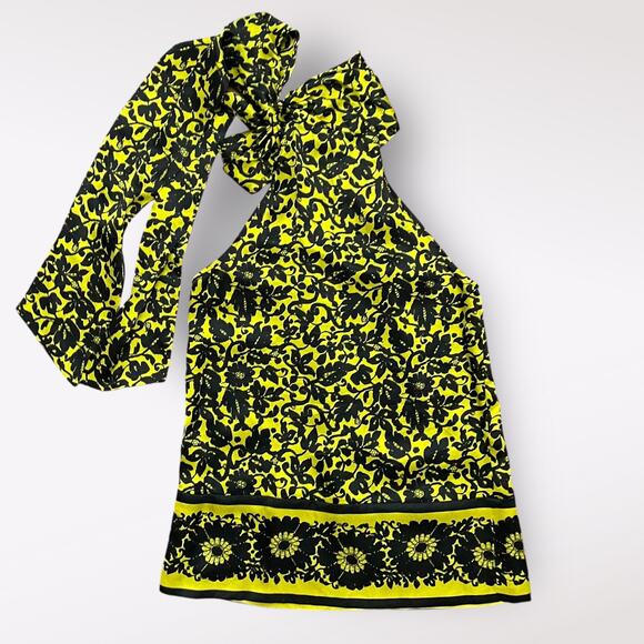 Diane von Furstenberg VTG Silk Halter Top Yellow Black Floral Tie Neck‎ Size 2 - Picture 3 of 6